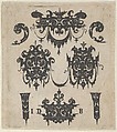 Blackwork Print with Four Shweifwerk Motifs Decorated with Swag Combined with Four Small Fillets, Hans de Bull  German, Blackwork engraving