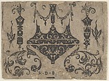 Blackwork Print with Four Ring Bezel Combined with C-Scrolls and Insects, Hans de Bull  German, Blackwork engraving