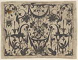 Blackwork Print with a Trophy at Center Surrounded by Grotesques and Swag Drapery, Hans de Bull  German, Blackwork engraving