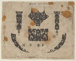 Blackwork Print with a Ring Bezel and Horizontal Panel at Center Flanked by Vertical Fillets and Curved Motifs, Hans de Bull  German, Blackwork engraving