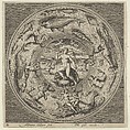 Design for a Plate with Galatea on a Shell Flanked by Trumpeters in a Medallion Bordered by Sea Monsters, Adriaen Collaert Netherlandish, Engraving