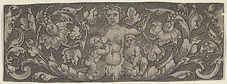 Horizontal Panel with a Siren with Foliage for Legs and Two Children, Allaert Claesz. Dutch, Engraving