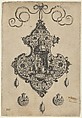 Pendant Design with a Circular Temple and Burning Pot Above Axe-Shaped Ornaments, Jan Collaert I  Netherlandish, Engraving and blackwork; first state of two (New Hollstein)