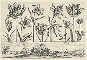 Horizontal Panel with a Row of Flowers Above a Frieze with a Battle Scene in a Landscape, from "Livre Nouveau de Fleurs Tres-Util", Nicolas Cochin  French, Etching and burin