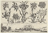 Horizontal Panel with a Row of Flowers Above a Frieze with a Battle Scene in a Landscape, from "Livre Nouveau de Fleurs Tres-Util", Nicolas Cochin  French, Etching and burin