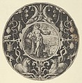 'Aqua' in a Decorative Border with Sea Creatures, from a Series of Circular Designs with the Four Elements, Crispijn de Passe the Elder Netherlandish, Engraving