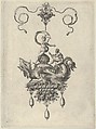 Pendant Design with a Winged Sea Monster Carrying Venus Anadyomene on a Shell and a Man with an Oar, Adriaen Collaert Netherlandish, Engraving; second state of two (New Hollstein)