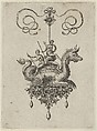 Pendant Design with a Sea Monster Carrying Neptune on an Urn Beside a River-God with an Oar, Adriaen Collaert Netherlandish, Engraving; second state of two (New Hollstein)