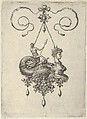 Pendant Design with a Sphinx with the Body of a Fish Carrying a Man with an Oar, Adriaen Collaert Netherlandish, Engraving; second state of two (New Hollstein)
