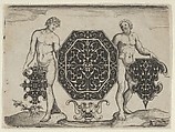 Octagonal Case and Two Other Motifs Held by Ignudi, Giovanni Battista Costantini Italian, Blackwork and Engraving