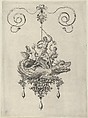 Pendant Design with a Sea Monster Carrying Neptune Flanked by Two Figures with Horns, Adriaen Collaert Netherlandish, Engraving; second state of two (New Hollstein)
