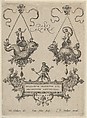 Title Plate with Two Pendant Designs Above and Neptune Standing on a Cartouche Below, Adriaen Collaert Netherlandish, Engraving; second state of four (New Hollstein)