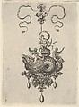Pendant Design with a Sea Monster Carrying a Woman on a Shell Flanked by a Triton and a Man with an Oar, Adriaen Collaert Netherlandish, Engraving; second state of two (New Hollstein)