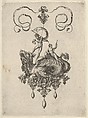 Pendant Design with a Sea Monster Ridden by Thetis and a Man with a Sail, Adriaen Collaert Netherlandish, Engraving; second state of two (New Hollstein)