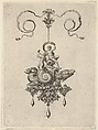 Pendant Design with a Sea Monster in a Shell Carrying a Triton and a Woman with a Sail, Adriaen Collaert Netherlandish, Engraving; second state of two (New Hollstein)