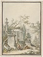 Design for a Frontispiece, Claude Louis Châtelet  French, Pen and brown and gray ink, brush and brown and gray wash, watercolor; framing lines in pen and black ink, with brush and pink wash outside lines