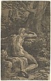 A seated man viewed from behind (Narcissus), Antonio da Trento  Italian, Chiaroscuro woodcut from two blocks in dark green