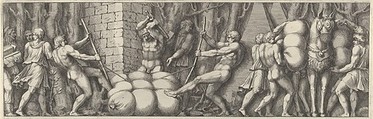 Plate 2: various figures carrying out tasks that include tying a sack and loading a horse, Pietro Santi Bartoli  Italian