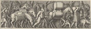 Plate 4: animals transporting goods being led by figures going to the right, Pietro Santi Bartoli  Italian, Etching