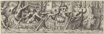 Plate 6: figures in boats decorated with mythological subjects using poles to propel them, Pietro Santi Bartoli  Italian, Etching