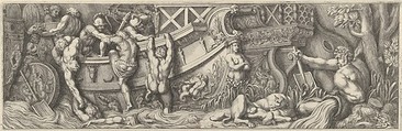 Plate 8: battle between soldiers on a boat and naked men trying to climb in, a river god at right, Pietro Santi Bartoli  Italian, Etching