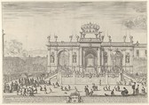 The altar of the holy sacrament; at left, the sacrament beneath a canopy, carried in procession and followed by the Louis XIV and Anne of Austria heading towards a large arched structure, spectators at left and right kneel in front of tapestries after Raphael, Stefano della Bella  Italian, Etching; third state of eight