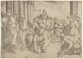 Christ kneels and writes on the pavement at center and a woman taken in adultery by three soldiers at right, Luca Giordano  Italian, Etching
