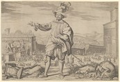 Portrait of Ioannes Altus (Johann Alten), of the Swiss Guard, standing by the Quirinal and pointing out the antiquities of Rome, Francesco Villamena  Italian, Etching; first state of two