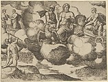 Venus in her dove-drawn chariot complaining to Jupiter who is accompanied by Mercury, from 'The Fable of Psyche', Master of the Die  Italian, Engraving