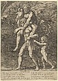 Aeneas carrying Anchises on his shoulders while Troy burns in the background, Master of the Die  Italian, Engraving