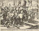 The Triumph of Scipio who rides on a horse followed by captured slaves, Master of the Die  Italian, Engraving