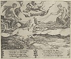 Allegory of Marriage and Love; Juno in a chariot drawn by peacocks at right,Venus in a chariot drawn by three doves at the left, Anonymous, 16th century, Engraving