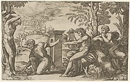 Apollo seated at the right with a lyre, pointing to a kneeling man who is about to flay Marsyas tied naked to a tree at left, Master of the Die  Italian, Engraving