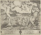 Venus riding a conch at left and cowering man (Jason) at right, Eros riding a makeshift boat holding a bow between them, Anonymous, 16th century, Engraving