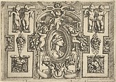 Bust of a woman in profile facing right, set within an elaborate frame with putti, Battista Angolo del Moro Italian, Etching
