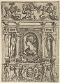 Bust of a woman in profile facing left, set in an elaborate frame with figures in niches, Battista Angolo del Moro  Italian, Etching