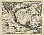 Following Renard's False Story, His Father Is Chased by Hunting Dogs from Hendrick van Alcmar's Renard The Fox, Allart van Everdingen  Dutch, Engraving; second state of three