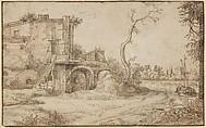 An Inhabited Ruin on the Bank of a River, Jan van de Velde II Dutch, Pen and two shades of brown ink, brush and brown wash, over black chalk; framing lines in pen and brown ink, possibly by the artist