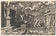The Vision of Ezekiel; a group of corpses and skeletons emerging out of tombs, above them five winged putti holding a banderole, Giorgio Ghisi (Italian, Mantua ca. 1520–1582 Mantua), Engraving