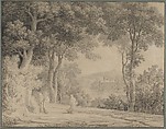 Classical Landscape with Women at a Fountain, Pierre Henri de Valenciennes (French, Toulouse 1750–1819 Paris), Conté crayon, black chalk, stumping, heightened with white chalk on beige paper