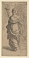 Girl carrying a crucifix and stepping toward a pilaster, seen from behind, Guido Reni Italian, Etching