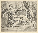 Seated woman holding a tablet and compass (allegory of learning), a winged putto at right, Guido Reni  Italian, Etching