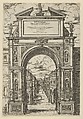 Triumphal arch surmounted by a statue representing the city of Bologna, buildings seen through the arch below, a temporary decoration for the entry of Pope Clement VIII in Bologna in 1598, Guido Reni Italian, Etching