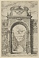 Triumphal arch surmounted by a statue of Moses, buildings seen through the arch below, a temporary decoration for the entry of Pope Clement VIII in Bologna in 1598, Guido Reni Italian, Etching