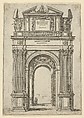 Triumphal arch surmounted by woman seated on a dolphin, four standing figures below, a temporary decoration for the entry of Pope Clement VIII in Bologna in 1598, Guido Reni Italian, Etching