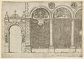 The arcade of the palace of the Archbishop of Bologna with temporary decorations for the entry of Pope Clement VIII in Bologna in 1598, Guido Reni Italian, Etching