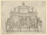 Façade of a triumphal monument with three scenes depicting deeds of Pope Clement VIII, a temporary decoration for the entry of Pope Clement VIII in Bologna in 1598, Guido Reni  Italian, Etching
