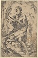 Saint Jerome kneeling on a rock in front of a cross and an open book facing left, Guido Reni  Italian, Etching