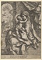 The Virgin seated with the Christ Child on her lap embracing her, Joseph seen through an archway at left, Guido Reni  Italian, Etching