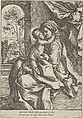 The Virgin seated with the Christ Child on her lap embracing her, Joseph seen through an archway at left, Guido Reni  Italian, Etching